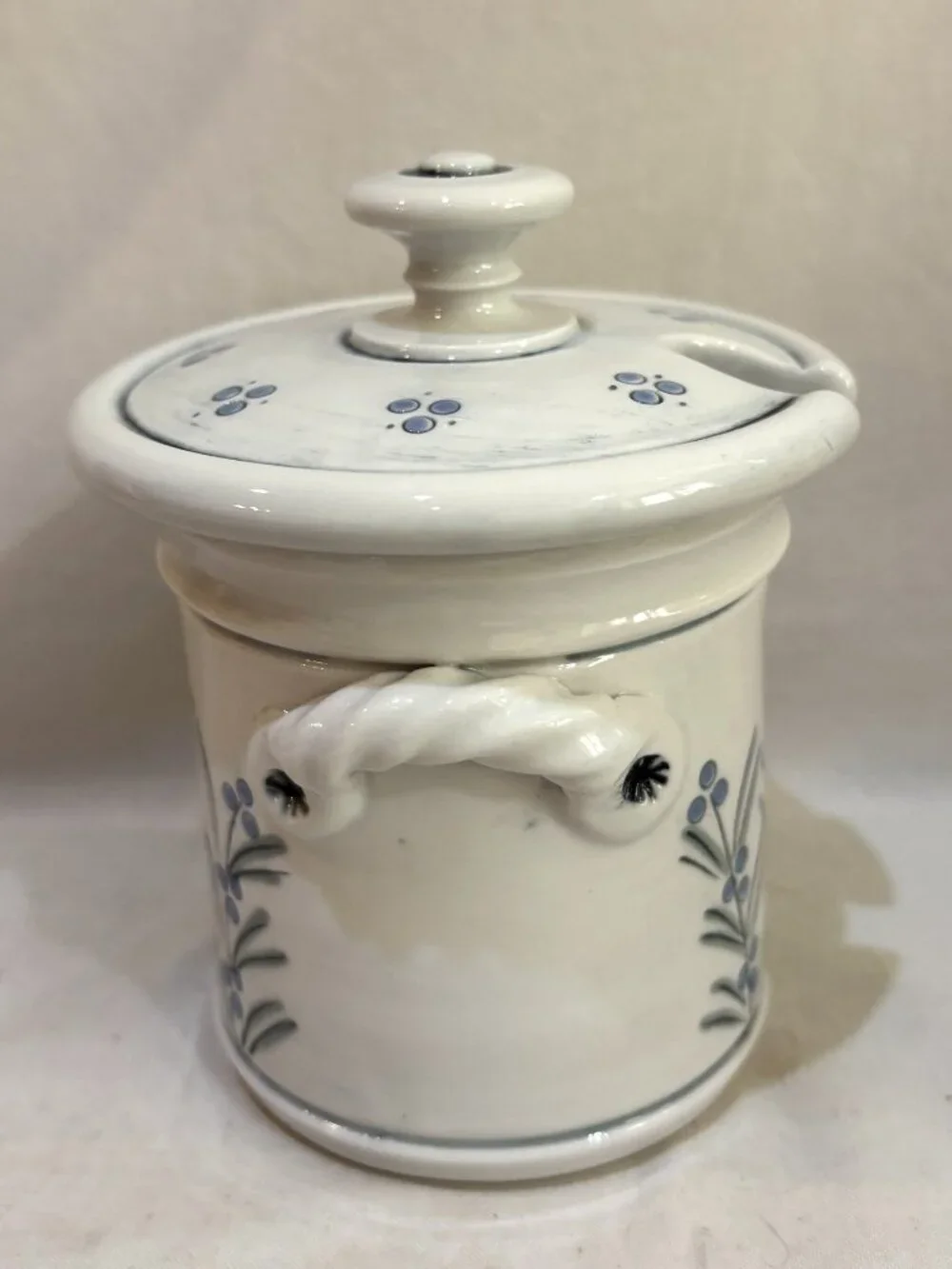 Hand Crafted Pottery Lidded Jam Condiment Jar Hand Painted Blue Berry Stamped